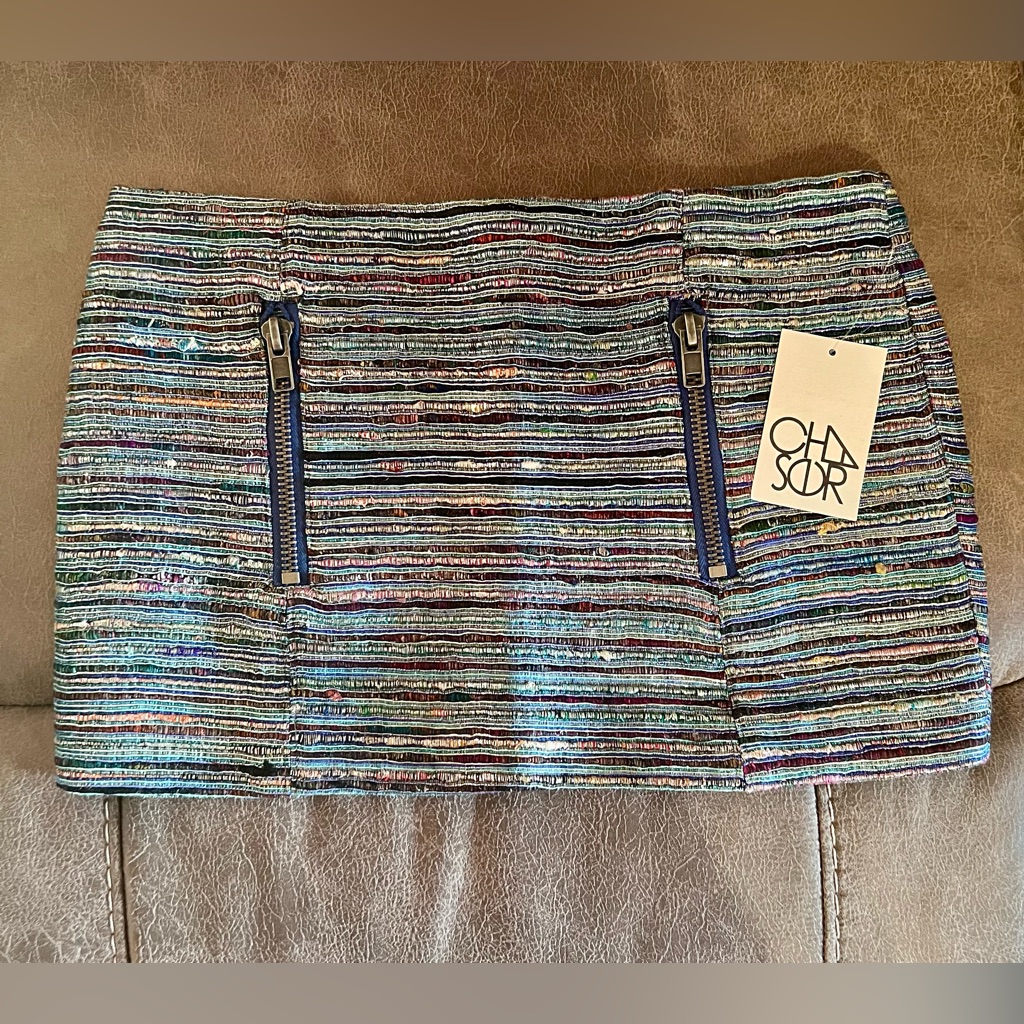 Chaser Blue And Gray Striped Mini Skirt, Xs